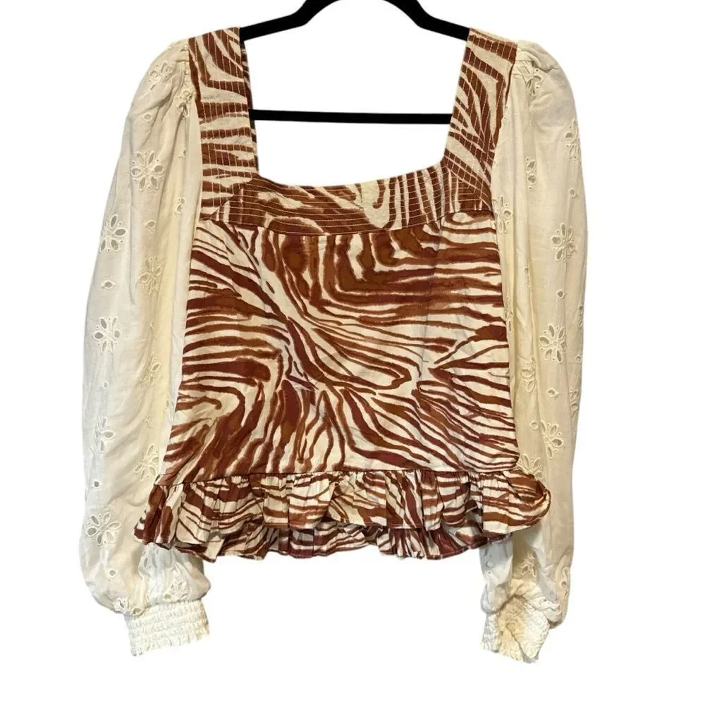 Revolve Anthropologie Love The Label Smocked Puff-Sleeve Brown Zebra Blouse